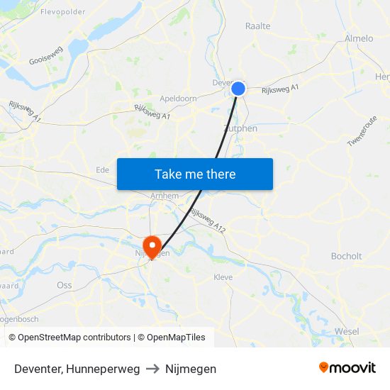 Deventer, Hunneperweg to Nijmegen map