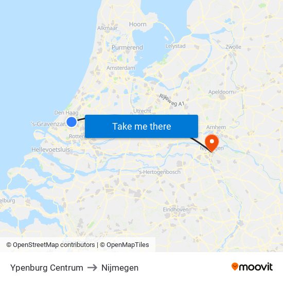 Ypenburg Centrum to Nijmegen map