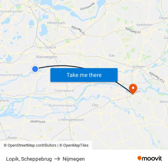 Lopik, Scheppebrug to Nijmegen map