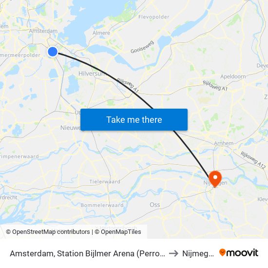 Amsterdam, Station Bijlmer Arena (Perron C) to Nijmegen map