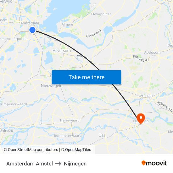 Amsterdam Amstel to Nijmegen map