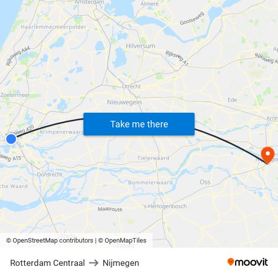 Rotterdam Centraal to Nijmegen map