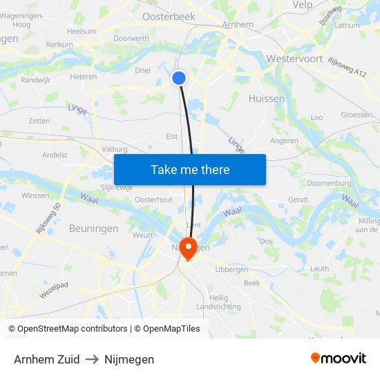 Arnhem Zuid to Nijmegen map