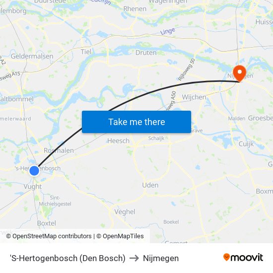 'S-Hertogenbosch (Den Bosch) to Nijmegen map