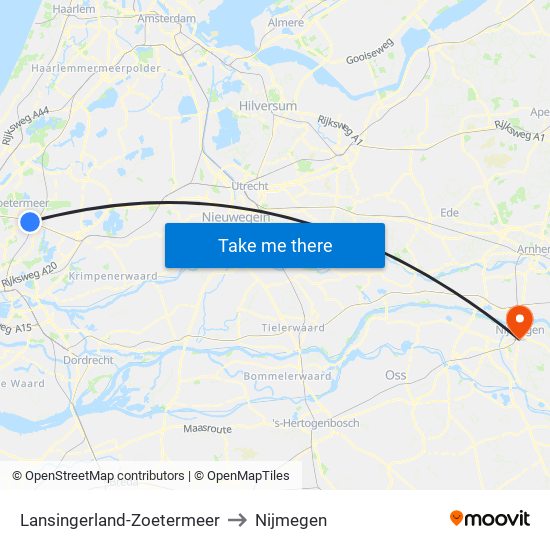 Lansingerland-Zoetermeer to Nijmegen map