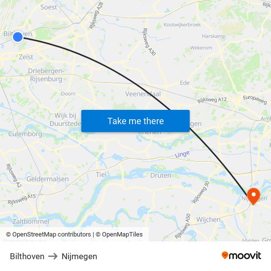 Bilthoven to Nijmegen map
