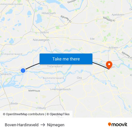 Boven-Hardinxveld to Nijmegen map