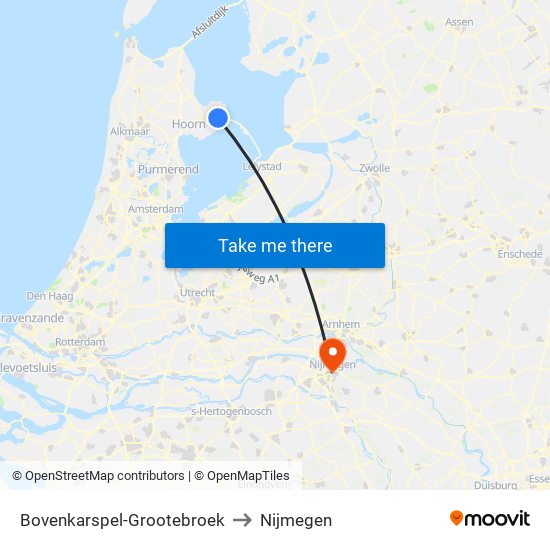 Bovenkarspel-Grootebroek to Nijmegen map