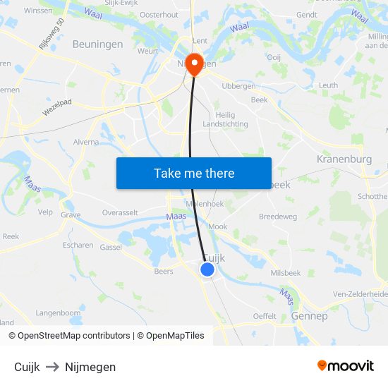 Cuijk to Nijmegen map