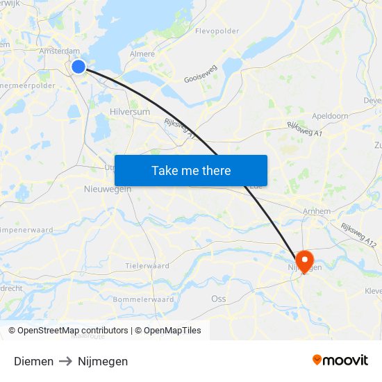 Diemen to Nijmegen map