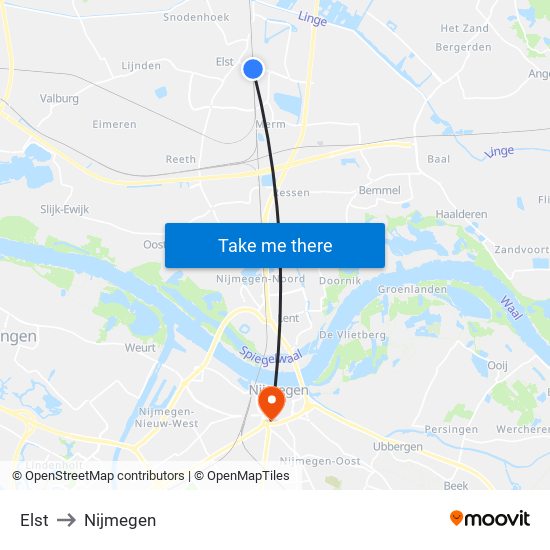 Elst to Nijmegen map