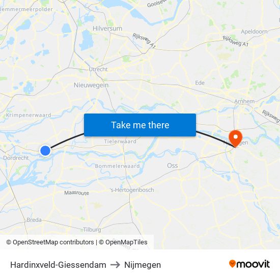 Hardinxveld-Giessendam to Nijmegen map