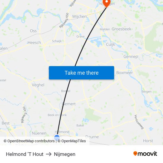 Helmond 'T Hout to Nijmegen map