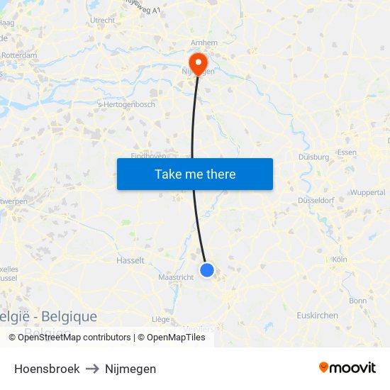 Hoensbroek to Nijmegen map