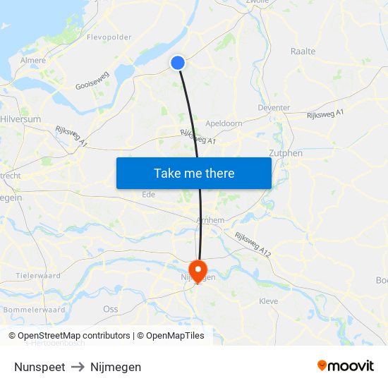 Nunspeet to Nijmegen map