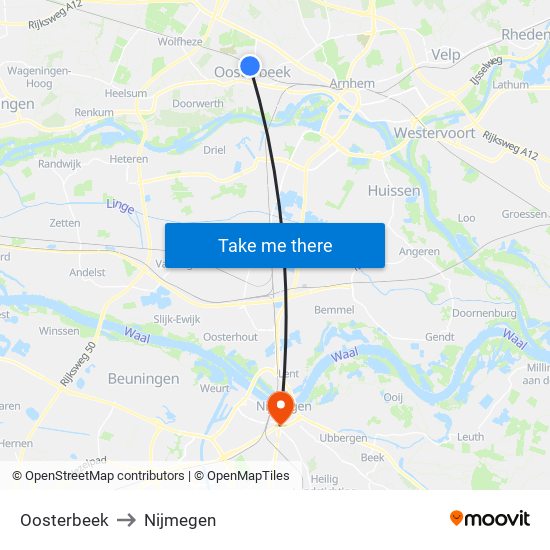 Oosterbeek to Nijmegen map