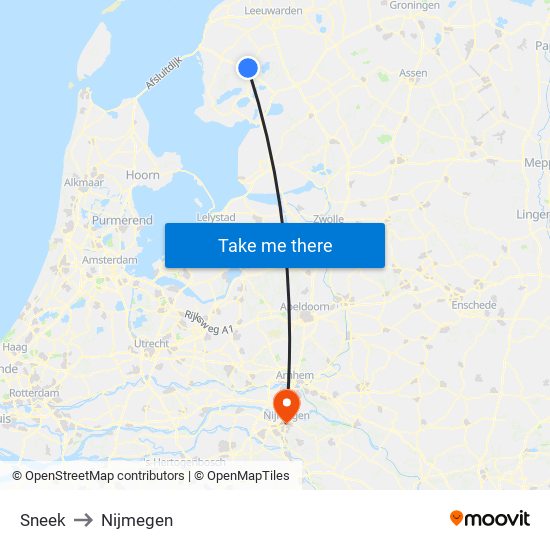 Sneek to Nijmegen map