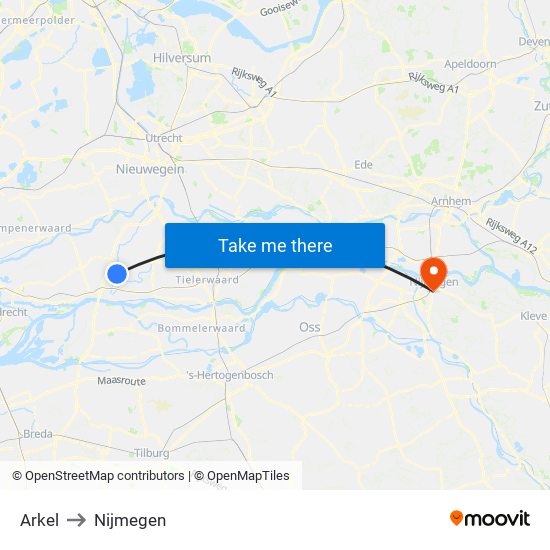 Arkel to Nijmegen map