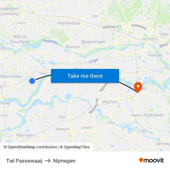 Tiel Passewaaij to Nijmegen map