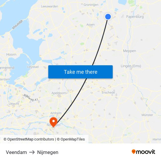 Veendam to Nijmegen map