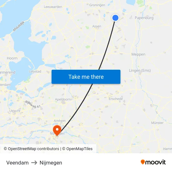 Veendam to Nijmegen map