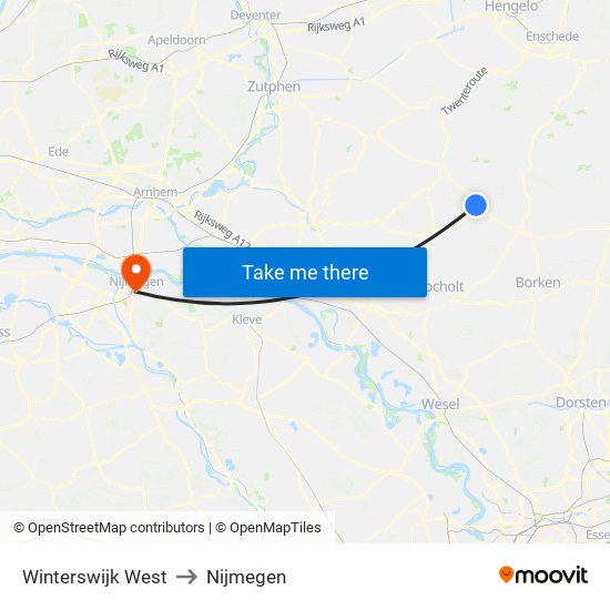 Winterswijk West to Nijmegen map