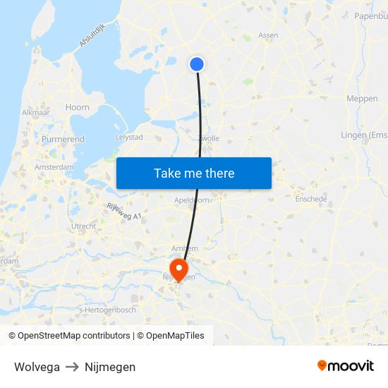 Wolvega to Nijmegen map