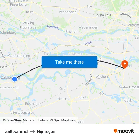 Zaltbommel to Nijmegen map