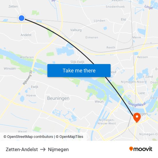 Zetten-Andelst to Nijmegen map