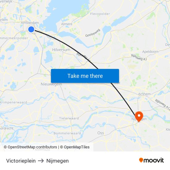 Victorieplein to Nijmegen map