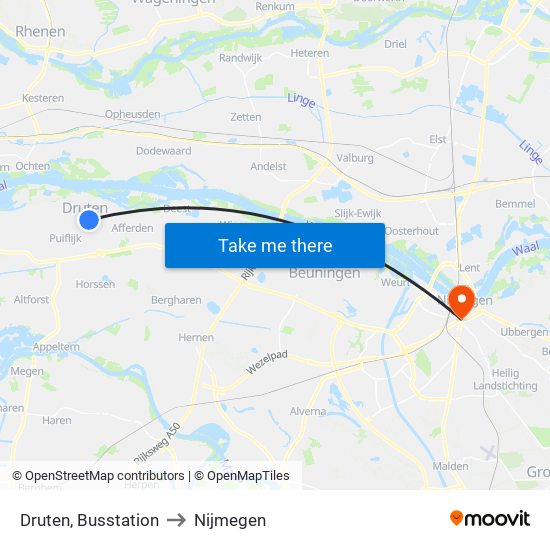 Druten, Busstation to Nijmegen map