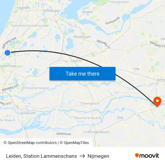 Leiden, Station Lammenschans to Nijmegen map