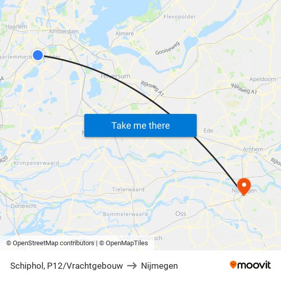 Schiphol, P12/Vrachtgebouw to Nijmegen map