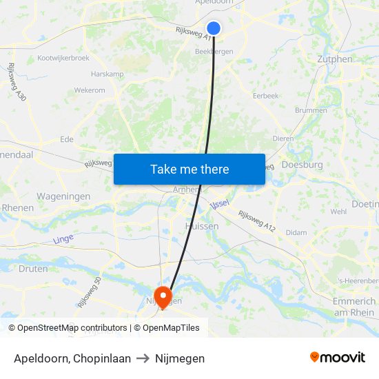 Apeldoorn, Chopinlaan to Nijmegen map