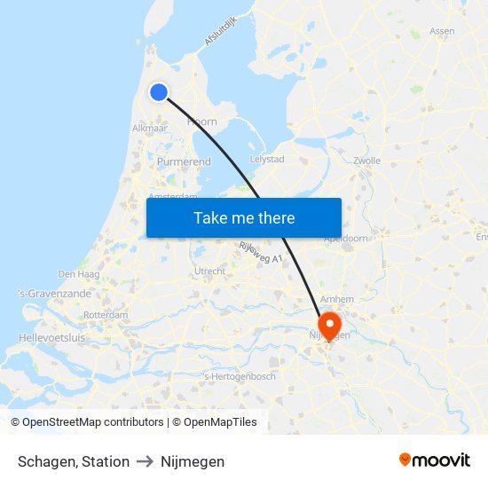 Schagen, Station to Nijmegen map