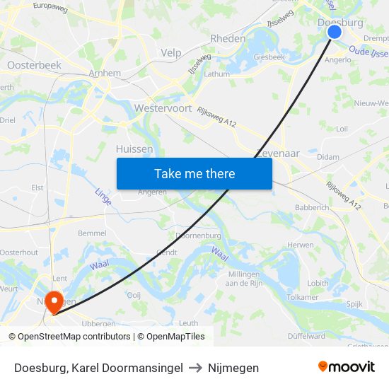 Doesburg, Karel Doormansingel to Nijmegen map