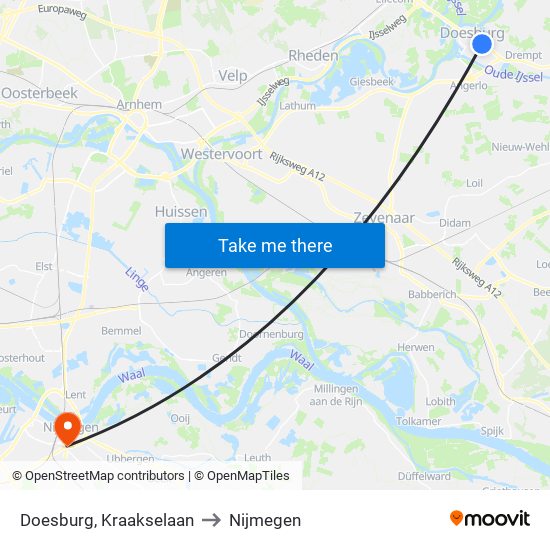 Doesburg, Kraakselaan to Nijmegen map