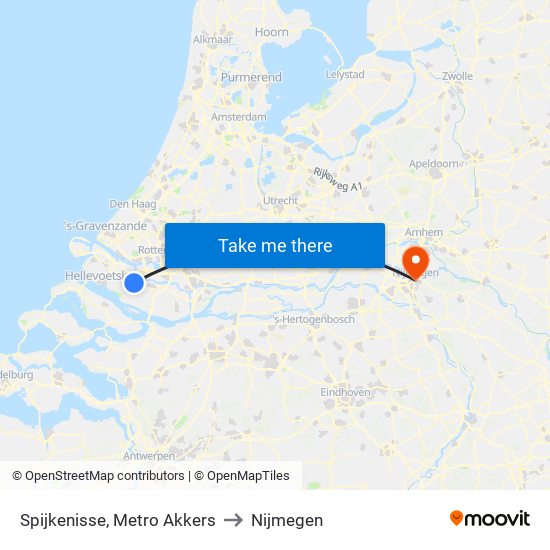 Spijkenisse, Metro Akkers to Nijmegen map