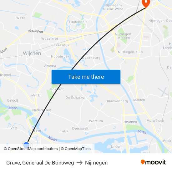 Grave, Generaal De Bonsweg to Nijmegen map