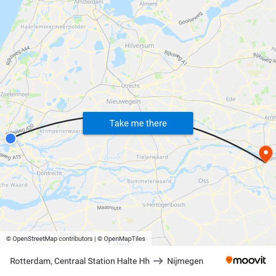 Rotterdam, Centraal Station Halte Hh to Nijmegen map