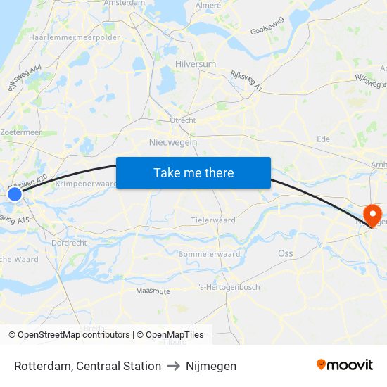 Rotterdam, Centraal Station to Nijmegen map