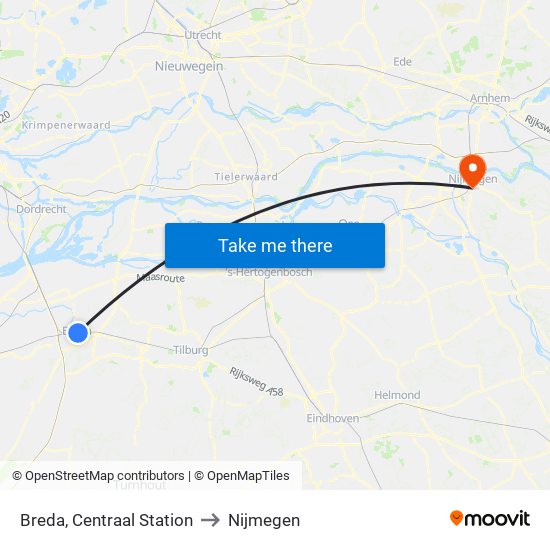 Breda, Centraal Station to Nijmegen map