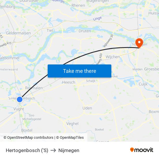 Hertogenbosch ('S) to Nijmegen map