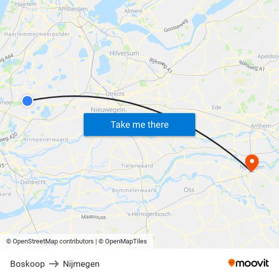Boskoop to Nijmegen map