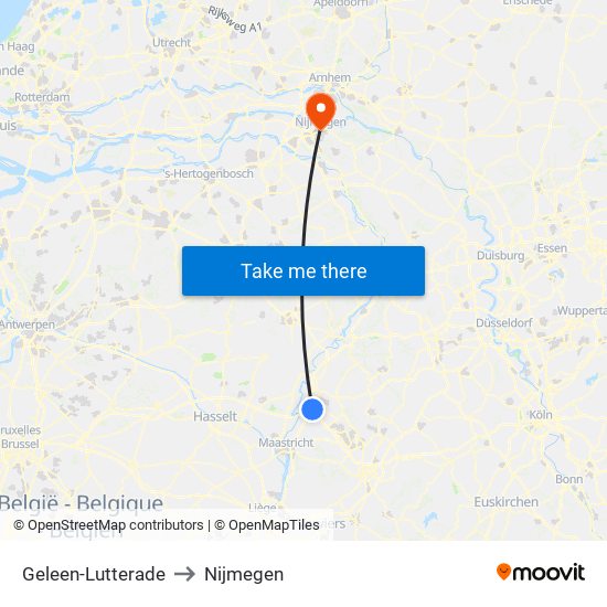 Geleen-Lutterade to Nijmegen map