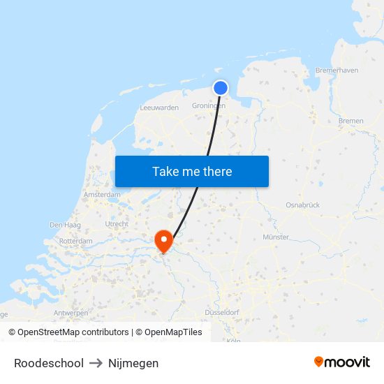 Roodeschool to Nijmegen map