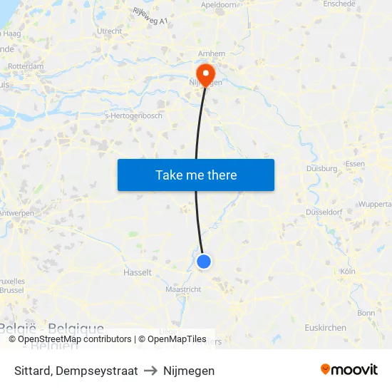Sittard, Dempseystraat to Nijmegen map