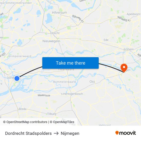 Dordrecht Stadspolders to Nijmegen map