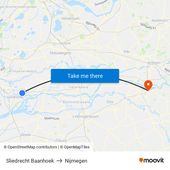 Sliedrecht Baanhoek to Nijmegen map
