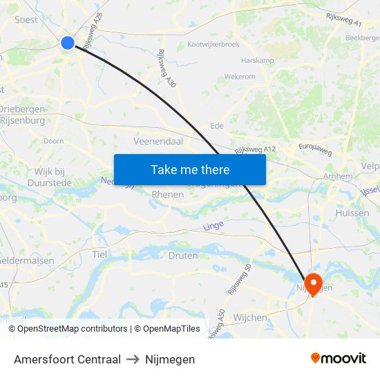 Amersfoort Centraal to Nijmegen map